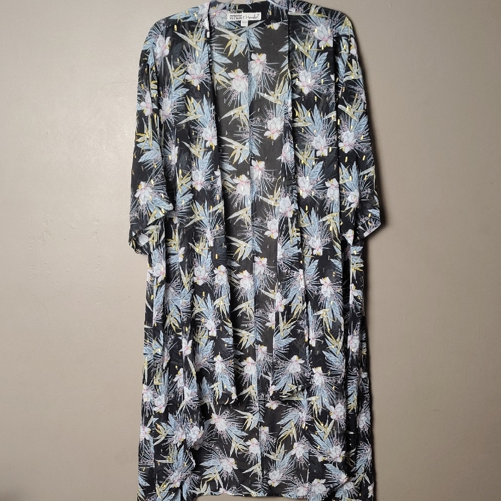 Gypsies & Moondust Sheer Tropical Flowered Tapered Cover Blouse Size L